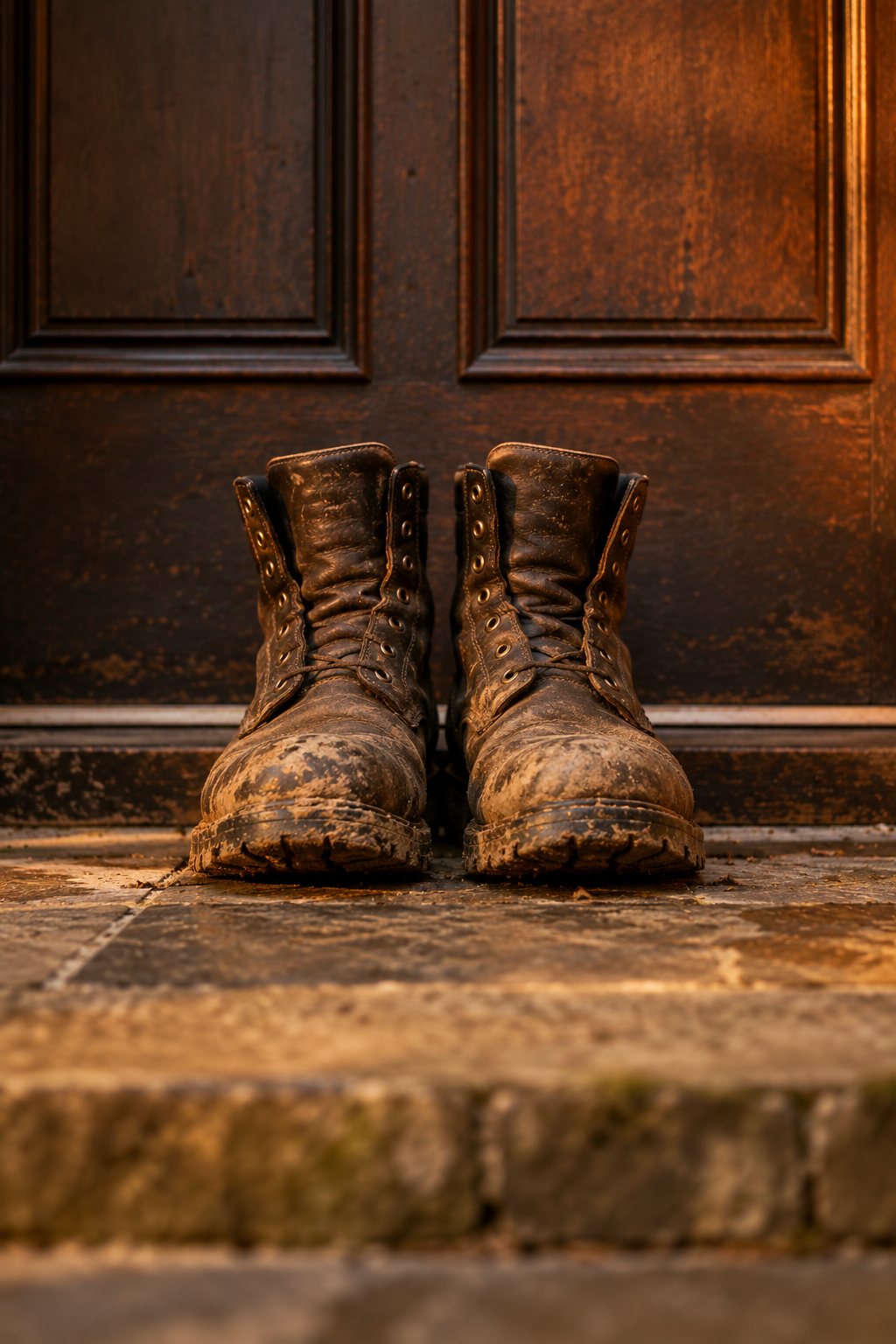 A pair of muddy work boots by the front door at the end of a shift
